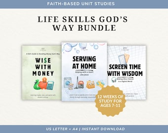 Paquete de estudio de unidad para la educación cristiana en casa: Servicio en casa, Sabiduría financiera, Piensa antes de desplazarte / Paquete curricular de 3 habilidades para la vida digital