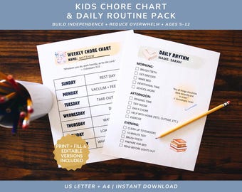 Paquete de rutinas diarias para niños con tabla de tareas / Editable en Canva y PDF imprimible / Horario diario para niños / Rutina para la educación en casa / Sistema de tareas familiares