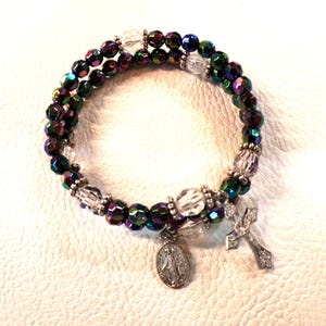 Memory wire Iridescent Deep Purple Beaded Rosary wrap Bracelet with Miraculous Medal and Crucifix