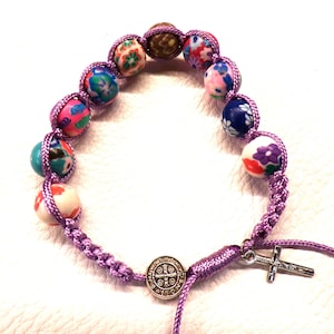Fimo Clay Bead Bracelet with St. Benedict Medal & Silver Cross
