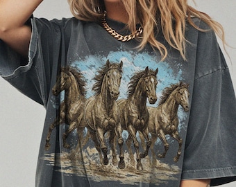 Wild Horses Running T-Shirt, 90s Vintage Western Graphic Tee, Horse Lover Shirt, Desert Ranch Style, Unisex Retro Animal Tee