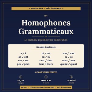 Könnte beinhalten: Ein marineblaues Lehrplakat mit goldenem Text und Akzenten. Der Titel lautet "Homophones Grammaticaux" in großen weißen Buchstaben. Das Plakat listet 12 Homophonenpaare auf und enthält Informationen zu Lektionen, Übungen und detaillierten Korrekturen.