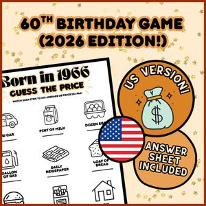 May include: A 60th Birthday Game (2026 Edition!) with the text "Born in 1966 Guess the Price". The game includes a "US Version" with an answer sheet. The game features illustrations of everyday items.