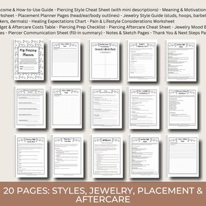 K&ouml;nnte beinhalten: Eine Sammlung von 20-seitigen Piercing-Ratgebern mit Spiralbindung. Die Seiten enthalten einen Willkommensleitfaden, eine Stil-Cheat-Sheet, einen Platzierungsplaner, einen Schmuckstil-Leitfaden und Informationen zur Nachsorge. Der untere Teil des Bildes lautet "20 PAGES: STYLES, JEWELRY, PLACEMENT & AFTERCARE."