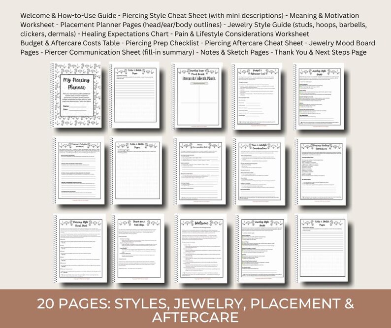 K&ouml;nnte beinhalten: Eine Sammlung von 20-seitigen Piercing-Ratgebern mit Spiralbindung. Die Seiten enthalten einen Willkommensleitfaden, eine Stil-Cheat-Sheet, einen Platzierungsplaner, einen Schmuckstil-Leitfaden und Informationen zur Nachsorge. Der untere Teil des Bildes lautet "20 PAGES: STYLES, JEWELRY, PLACEMENT & AFTERCARE."