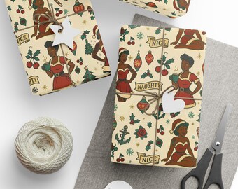 Rockabilly julklappspapper: Pin-up fru Claus, vintage tatueringsflash