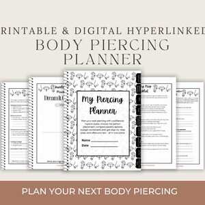 K&ouml;nnte beinhalten: Ein wei&szlig;er Spiralplaner mit dem Titel "My Piercing Planner" und dem Text "Printable & Digital Hyperlinked Body Piercing Planner". Der Planer enth&auml;lt Seiten f&uuml;r Planung, Budgetierung und Tipps zur Nachsorge. Das Cover zeigt ein Muster aus Ohr- und Lippenillustrationen.