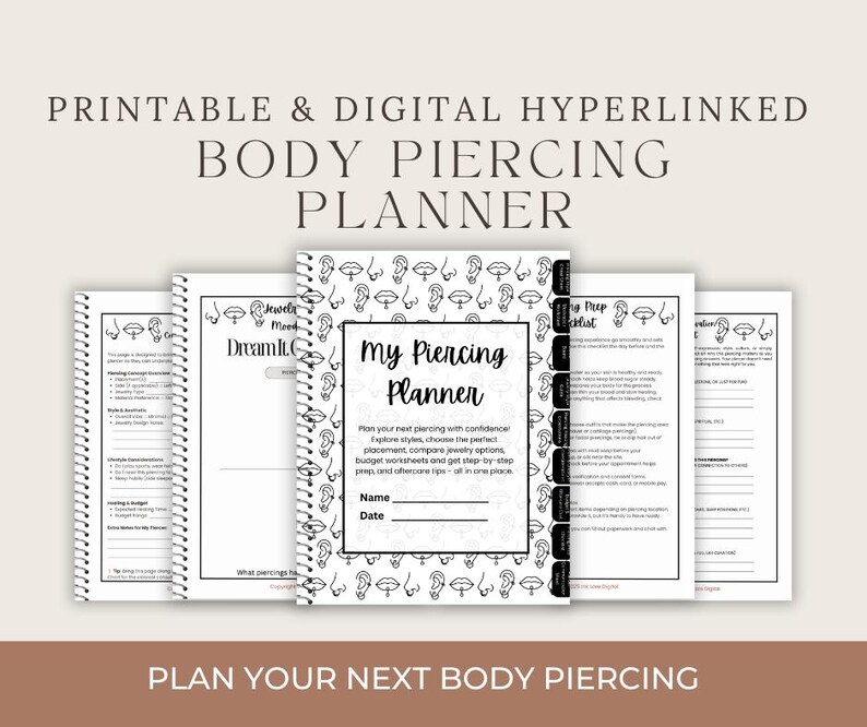 K&ouml;nnte beinhalten: Ein wei&szlig;er Spiralplaner mit dem Titel "My Piercing Planner" und dem Text "Printable & Digital Hyperlinked Body Piercing Planner". Der Planer enth&auml;lt Seiten f&uuml;r Planung, Budgetierung und Tipps zur Nachsorge. Das Cover zeigt ein Muster aus Ohr- und Lippenillustrationen.