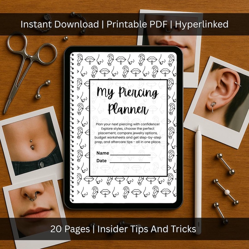 K&ouml;nnte beinhalten: Ein digitaler Planer mit dem Titel "My Piercing Planner" mit einem Schwarz-Wei&szlig;-Design, umgeben von Piercingschmuck und Fotos. Der Planer enth&auml;lt Abschnitte f&uuml;r die Planung, den Vergleich von Schmuck und Tipps zur Nachsorge. Der Text lautet "Instant Download | Printable PDF | Hyperlinked" und "20 Pages | Insider Tips And Tricks."