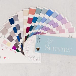Könnte beinhalten: Ein Farbfächer mit einer Auswahl an sanften Sommerfarben. Der Fächer enthält verschiedene Blau-, Rosa-, Lila- und Neutraltöne. Eine hellblaue Karte mit dem Text "Soft Summer" ist ebenfalls enthalten.