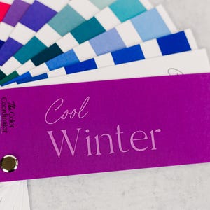 Puede incluir: Un abanico de paleta de colores con una vibrante gama de colores, incluyendo tonos de rojo, rosa, morado, verde azulado y azul. Una tarjeta morada con el texto "Cool Winter" est&aacute; en primer plano. El logotipo de The Color Coordinator tambi&eacute;n es visible.