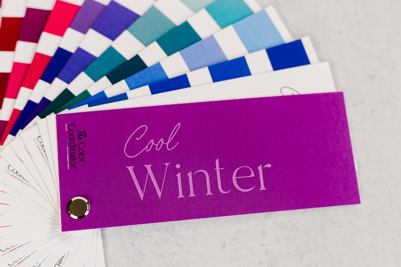 Puede incluir: Un abanico de paleta de colores con una vibrante gama de colores, incluyendo tonos de rojo, rosa, morado, verde azulado y azul. Una tarjeta morada con el texto "Cool Winter" est&aacute; en primer plano. El logotipo de The Color Coordinator tambi&eacute;n es visible.