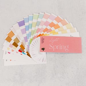 以下が含まれることがあります： ピンク、ブルー、イエローなどのパステルカラーの色見本。 「Light Spring」の文字が入ったピンク色のカードが見えます。 色見本は、明るいグレーの表面に配置されています。