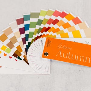 以下が含まれることがあります： オレンジ、黄色、緑、青などの色合いを含む、さまざまな色合いのカラーパレットファン。 「Warm Autumn」という言葉が書かれたオレンジ色のカードが添付されています。 カラーサンプルは扇形に配置されています。
