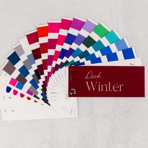 Puede incluir: Un abanico de paleta de colores con una gama de colores, incluyendo rosa, rojo, azul y verde. Una tarjeta burdeos con las palabras "Dark Winter" está adjunta. La paleta está dispuesta sobre una superficie blanca.