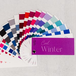 Puede incluir: Un abanico de paleta de colores con una variedad de colores, incluyendo tonos de azul, rosa, rojo y morado. La paleta est&aacute; etiquetada como "Cool Winter" en una fuente cursiva. El abanico est&aacute; sobre una superficie blanca.