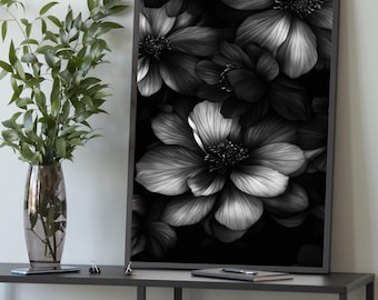 Black and White Floral Canvas – Modern Monochrome Wall Art, Elegant Flower Painting, Minimalist Decor