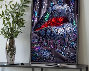 Lienzo decorativo de labios florales de lujo, diseño de joya ornamentada, obra de arte pop glamurosa y brillante.