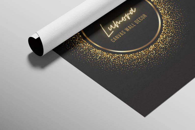 May include: Rolled canvas print featuring the text "Lumora CANVAS WALL DECOR" in gold lettering on a black background. The design includes a gold circle and gold glitter accents. The canvas is partially rolled, revealing a white edge.