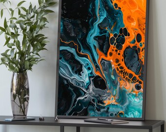 Blue and Orange Abstract Fluid Art Canvas Print: Modern Home Decor