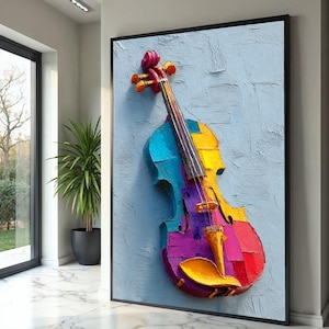 Lienzo con diseño de violín en patchwork colorido, arte mural moderno de instrumentos musicales, vibrante arte abstracto de cuerdas, pintura sobre lienzo para decoración del hogar.