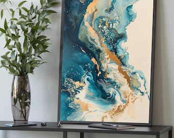Impresión en lienzo de mármol verde azulado y dorado: arte fluido abstracto