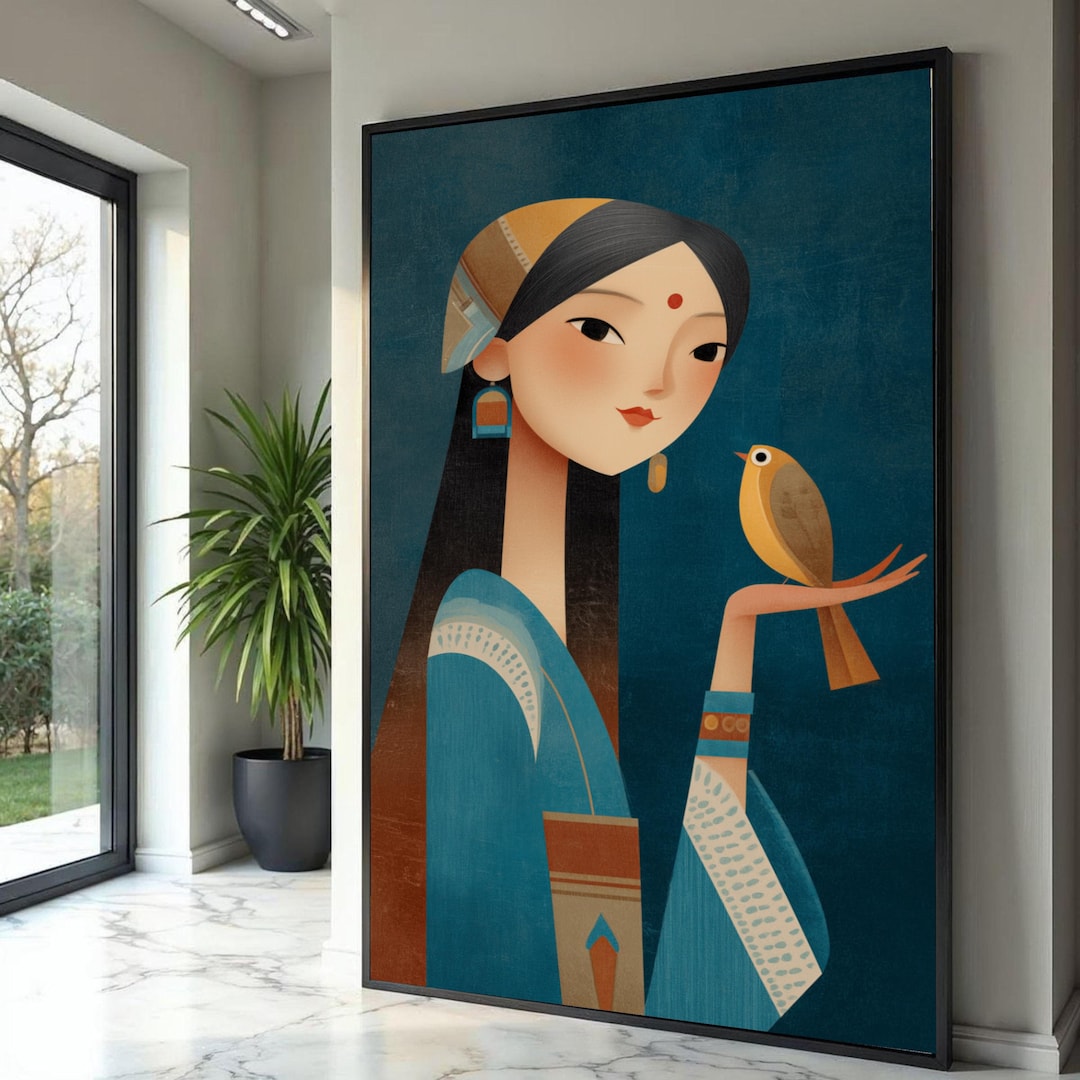 Asian Woman Bird Folk Art Canvas Print, Ethnic Portrait Wall Art - Etsy