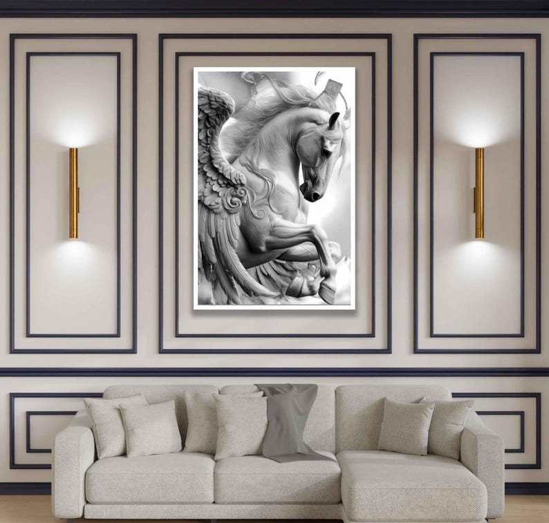 May include: A black and white framed print of a winged horse, Pegasus, in a dynamic pose. The artwork is displayed on a wall with gold sconces and a light-colored sofa. The room has a modern, elegant aesthetic.