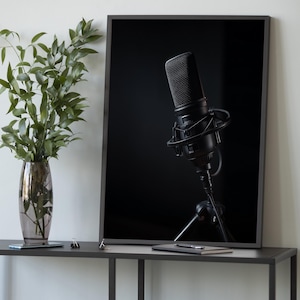 Puede incluir: Impresión enmarcada de un micrófono de estudio negro, montado sobre un soporte contra un fondo oscuro. La imagen se muestra sobre una mesa gris oscuro, con un jarrón de vegetación a la izquierda.