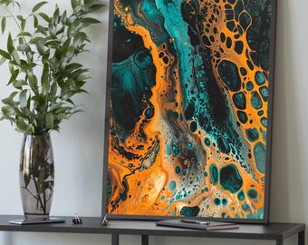 Abstract Fluid Art Canvas: Blue & Orange Cellular Painting