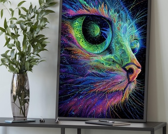Lienzo psicodélico de gato: arte mural de neón cósmico, póster psicodélico de gato, decoración de galaxia colorida