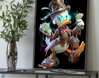 Money Duck Canvas: Neon Pop Art, Luxury Cartoon Poster