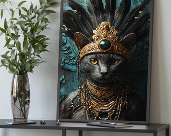 Könnte beinhalten: Gerahmter Kunstdruck mit einer königlichen grauen Katze, die mit einer goldenen Krone, Schmuck und Federschmuck geschmückt ist. Das Katzenporträt ist vor einem türkisfarbenen Hintergrund mit geprägten Details platziert. Das Kunstwerk wird auf einem schwarzen Tisch mit einer Vase mit Grünpflanzen ausgestellt.