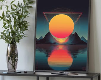Retro synthwave solnedgång canvastavla, neon futuristisk landskapsdekor, vaporwave retro affischdesign