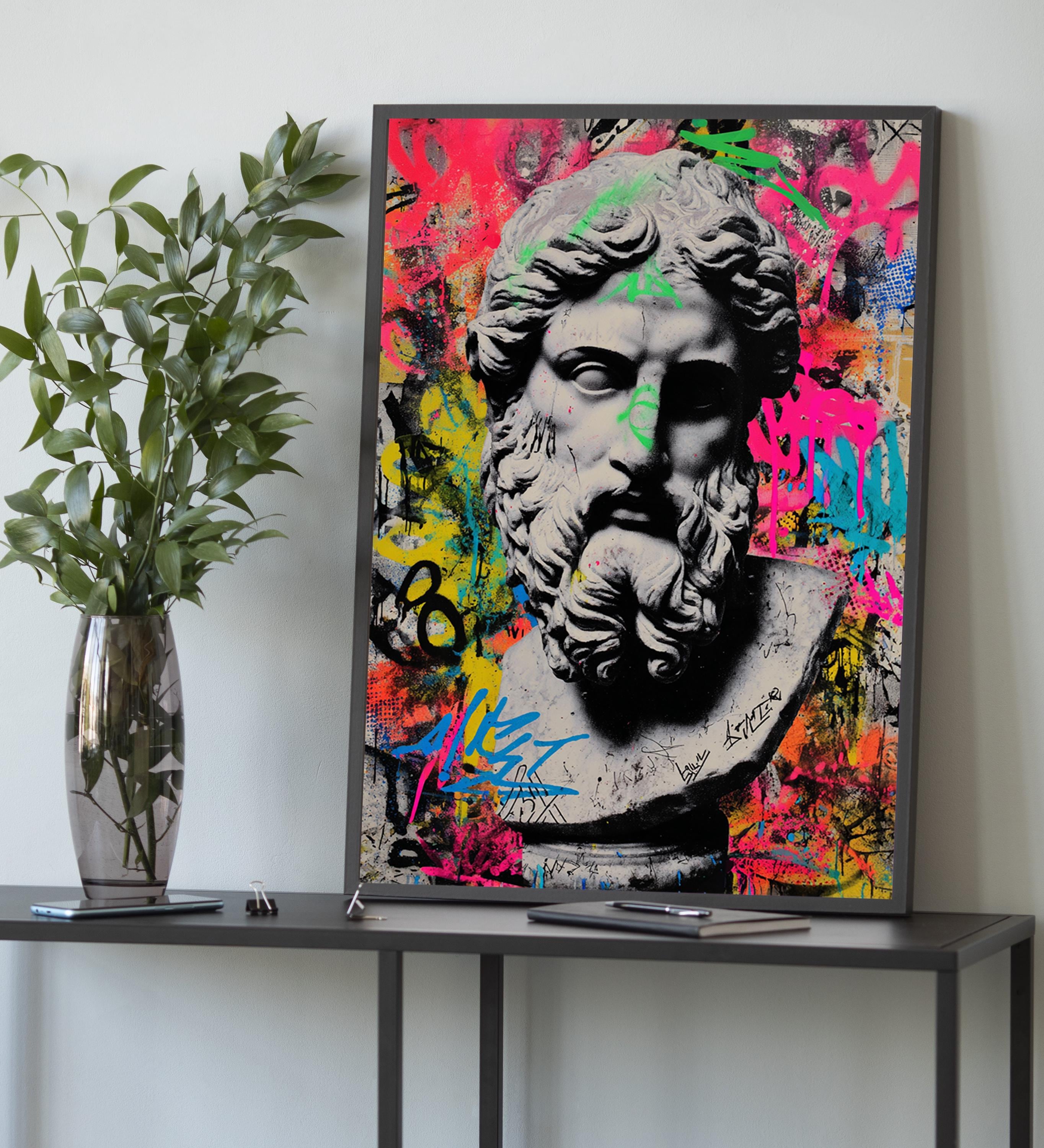 Greek Statue Pop Art Canvas: Colorful Graffiti Style Modern Print