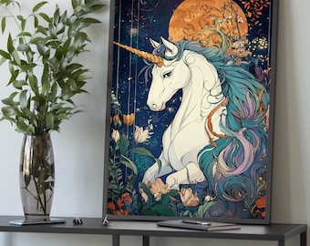 Unicorn Fantasy Canvas – Mythical Horse Wall Art, Magical Moonlight Poster, Enchanted Floral Decor