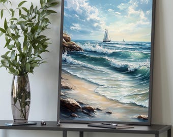 Tela de ondas do oceano à vela – Arte de parede de praia à beira-mar, pôster de paisagem marinha náutica, decoração costeira