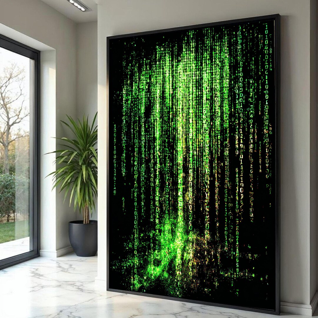 Digital Matrix Code Canvas Art, Futuristic Green Data Flow Wall ...