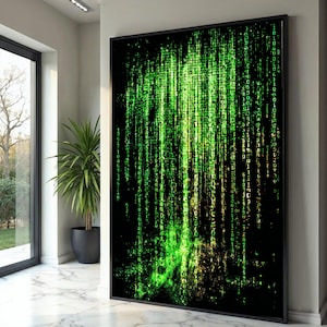 Peut inclure: Impression d'art encadrée représentant une pluie numérique verte et jaune sur fond noir. L'œuvre d'art ressemble à un code en cascade, créant une esthétique moderne et abstraite. L'impression est exposée dans une pièce lumineuse et moderne.