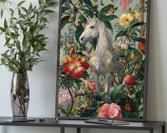 Einhorn, florales Bild, verzaubertes weißes Pferd, Wandbild, Wandbild, Boho Home Decor