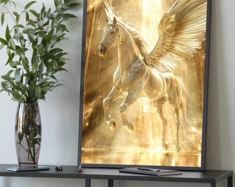 Golden Pegasus Canvas – Mythical Winged Horse Wall Art, Fantasy Painting, Majestic Angelic Animal Decor