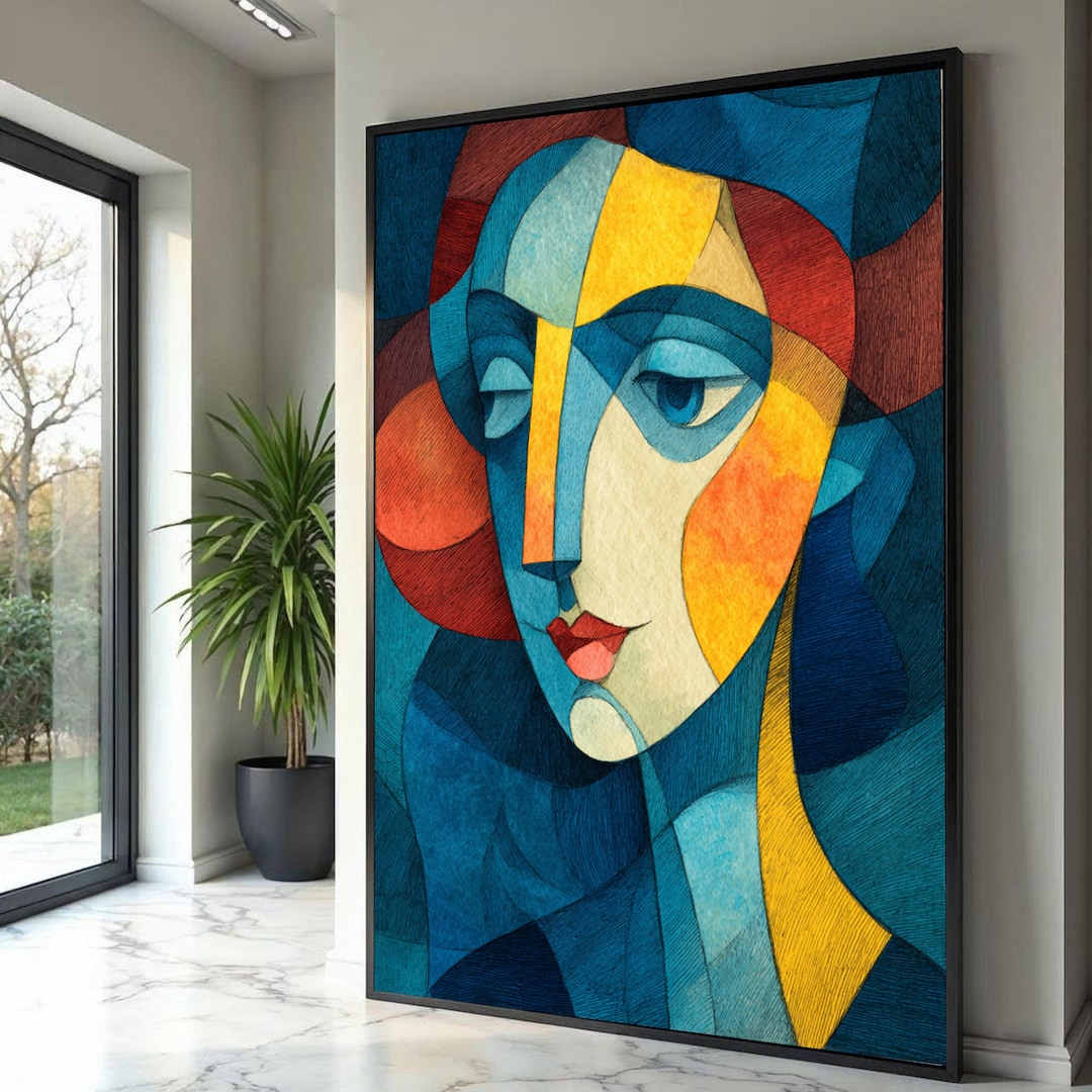 Abstract Cubist Woman Portrait Canvas, Geometric Face Wall Art ...