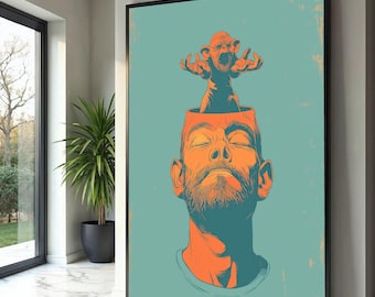 Lienzo con la imagen surrealista de un hombre mono, decoración de pared de estilo expresionista psicodélico.