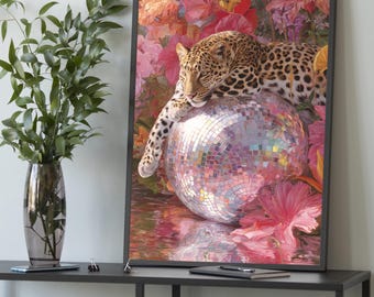 Leopard Disco Ball Canvas Print: Exotic Floral Jungle Wall Art