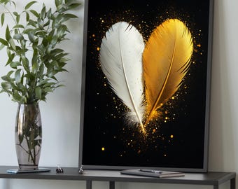 Feather Heart Canvas Wall Art: Elegant White & Gold Minimalist Decor