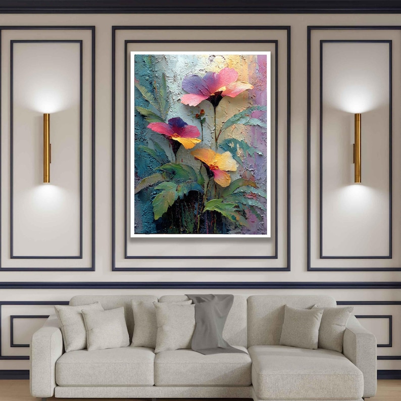 Vibrant Floral Oil Texture Canvas Art, Colorful Abstract Garden Painting, Textured Wall Decor image 7