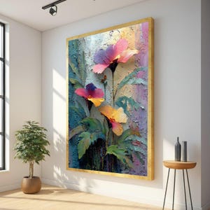 Vibrant Floral Oil Texture Canvas Art, Colorful Abstract Garden Painting, Textured Wall Decor image 5