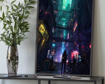 Cyberpunk Neon Cityscape Canvastavla: Sci-Fi Gamer Room Decor