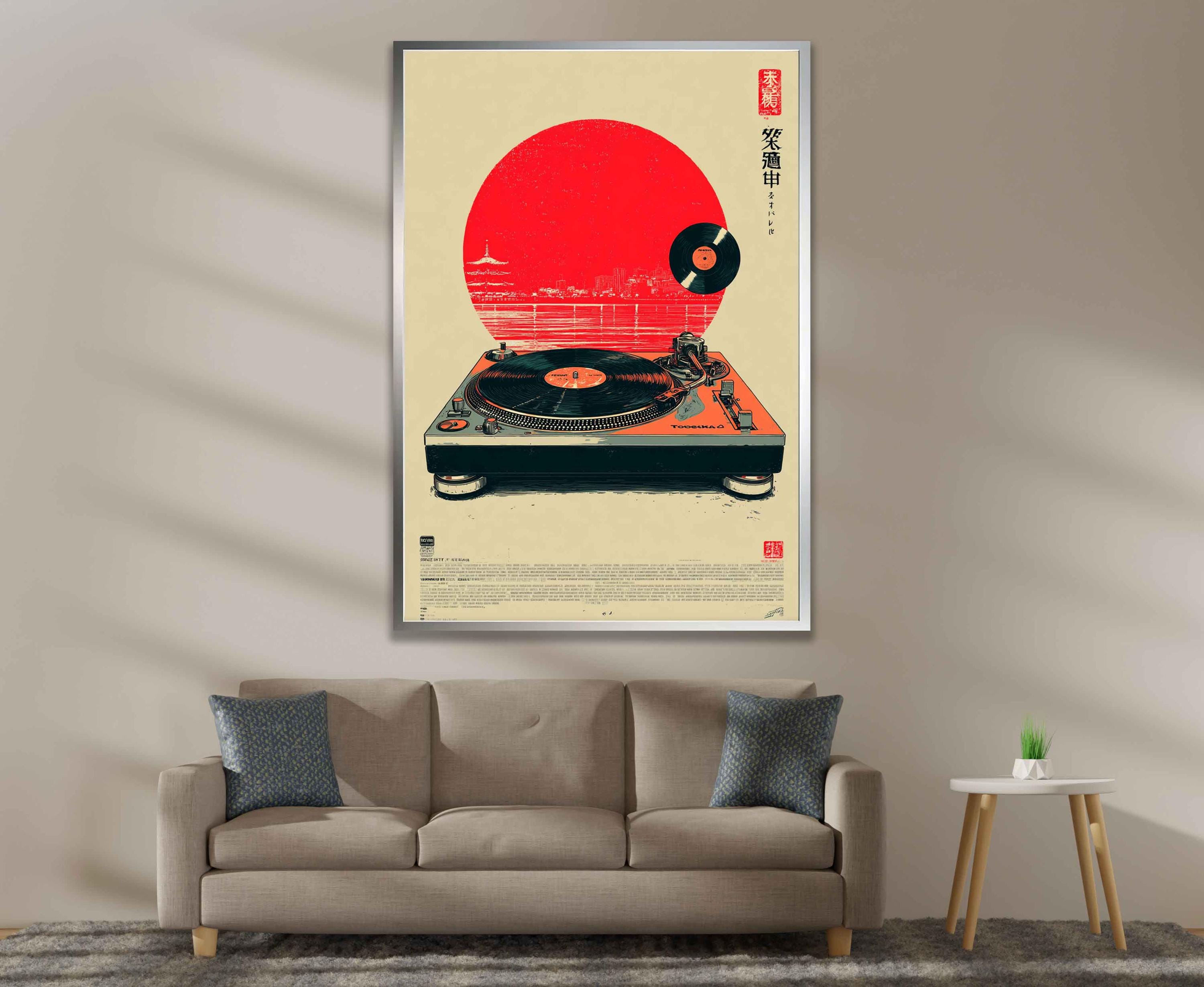 Japanese Vinyl Turntable Canvas Art – Retro Red Sun Music Poster