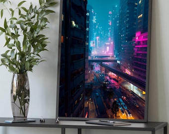 Neon Cyberpunk City Canvas Art: Sci-Fi Gamer Room Decor